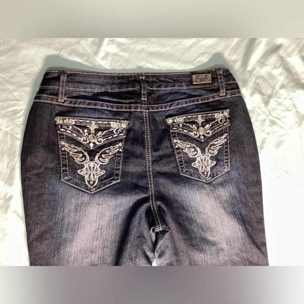 Earl Jean Rhinestone Straight Leg Mid Rise Dark Wash Jeans Size 12 - Picture 6 of 10